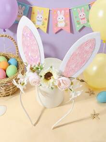 1 Set Fresh Cream Flower & Pink Lace Textured Glitter Easter Headband, Popular For Party, Vacation, Photo Shoot - Multicolor - View 1