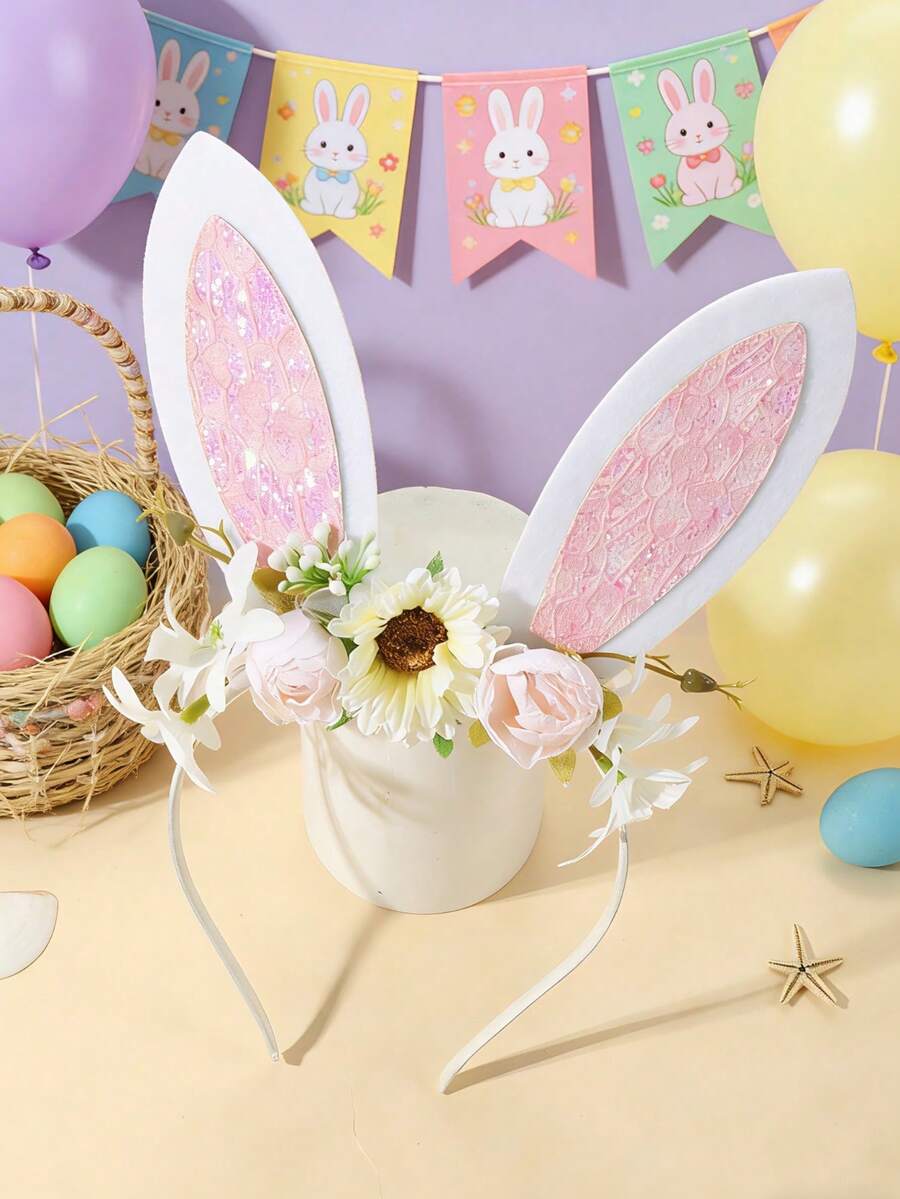 1 Set Fresh Cream Flower & Pink Lace Textured Glitter Easter Headband, Popular For Party, Vacation, Photo Shoot - Multicolor - View 1