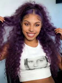 Violet Purple Deep Wave Lace Front Wigs Human Hair For Women Brazilian Virgin 13x4 HD Transparent Curly Lace Closure Wig Human Hair Pre Plucked Natural Hairline 250 Density Dark Purple Colored Glueless Wigs Human Hair For Daily Use - Purple - 查看 4