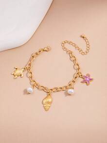 1pc Cute Starfish, Seashell, Or Turtle Design Bracelet, Suitable For Daily Wear With Outfits - Gold - View 4