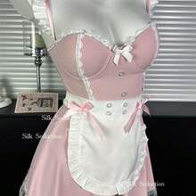 Playfully Seductive Maid Nightie With Padded Bust Design & Adjustable Thin Straps, Offering A "Pure Desire" Aesthetic With Enhanced Support For Romantic Honeymoon Roleplay, Valentine's Dates & Intimate Evenings. - 粉紅色[髮帶+頸環+洋裝+圍裙+T卹褲] - 查看 2