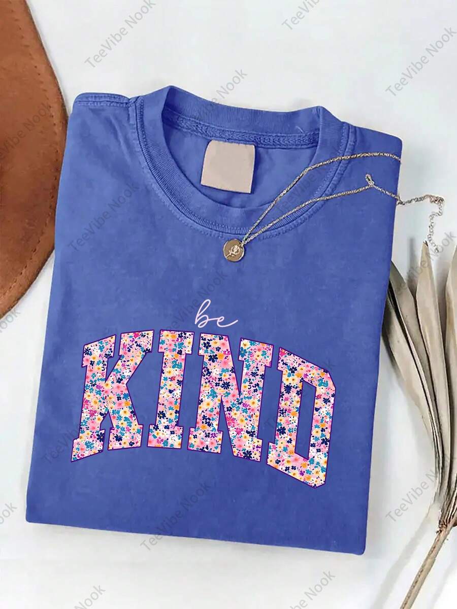 2026 Washed Cotton, Choose Kindness And Wear It On Yourself Printed T-Shirt, High-Quality Batik Cotton Vintage Fashion Brand T-Shirt, Women's T-Shirt, Women's Summer Clothing, Summer T-Shirt, Halloween Christmas Gift, Holiday Gift, White Tops, Valentine's Day Outfit, Mardi Gras, Summer Tops,   For Women, Valentine Outfits For Women, Women Tops, Fairycore, , Elegant Women's Outfits - 寶藍色 - 查看 1