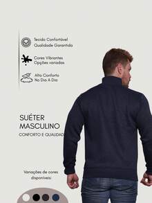 Men's Long Sleeve Sweater With Zipper At The Collar - Navy Blue - View 4