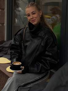 Women's Fashionable Street-Style Black Leather Jacket, New Autumn/Winter Long Sleeve Motorcycle Jacket - Black - View 8