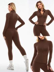 Slim-It Streamline Performance Secure Pockets Zip Up Long Sleeve Jacket Low Impact Yoga Daily Fall Glowmode Gym Clothes Women - Brown - View 8
