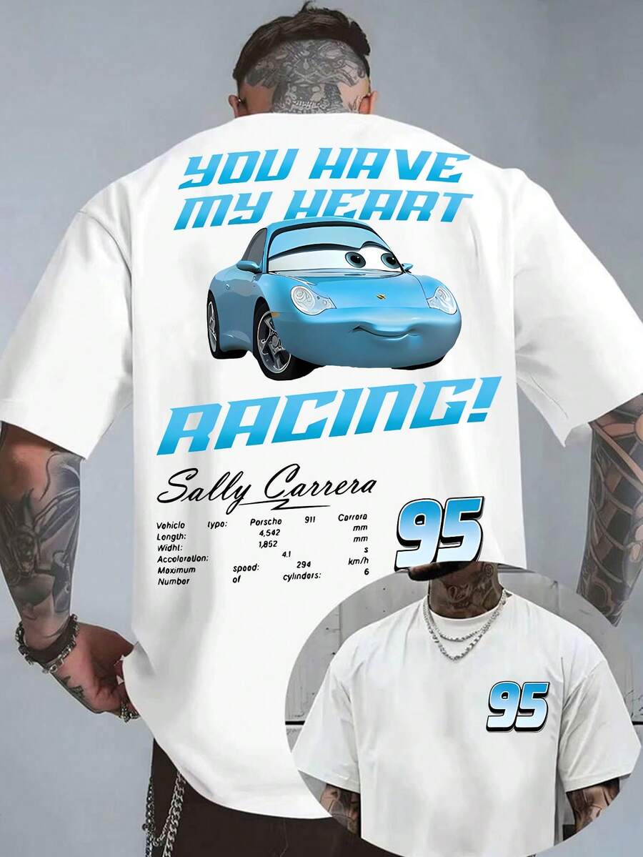 Disney-Fresh And Playful Style | Racing Mobilization Sally Carrera Men's T-Shirt Soft And Skin Friendly Loose Fit Daily Versatile Top - White - View 1