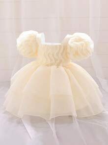 Baby Girls' Square Neck Ruffle Organza Cute Minimalist Princess Dress, Suitable For 1st Birthday Party, Wedding, Banquet, Vacation, Photo Shoot, Excluding Headband - Champagne - View 6