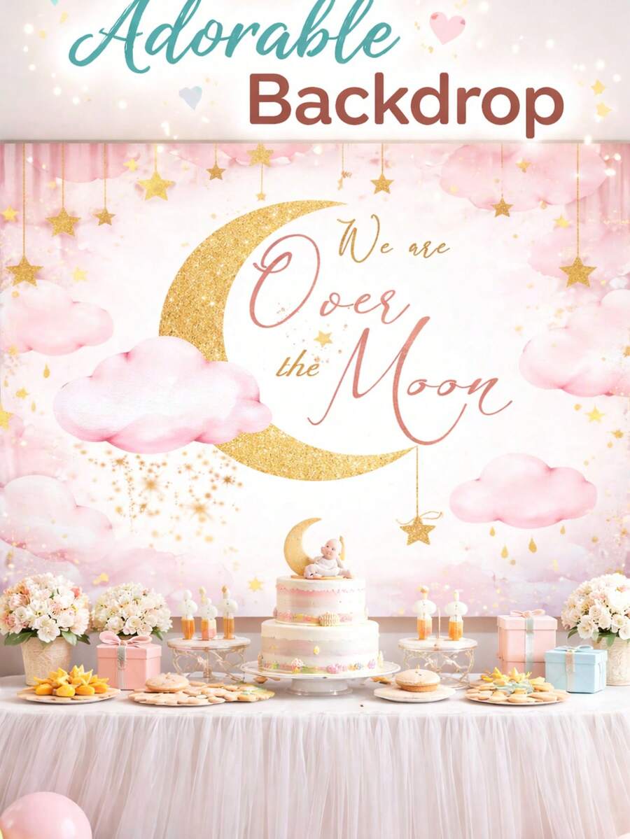 1件星月性别揭晓背景布，斋月新生儿迎婴派对背景，开斋节新生儿拍照道具，150厘米宽 x 100厘米高，可爱男孩女孩粉色云朵金色星星月亮背景，可爱新生儿派对装饰横幅拍照道具 - 彩色 - 查看 1