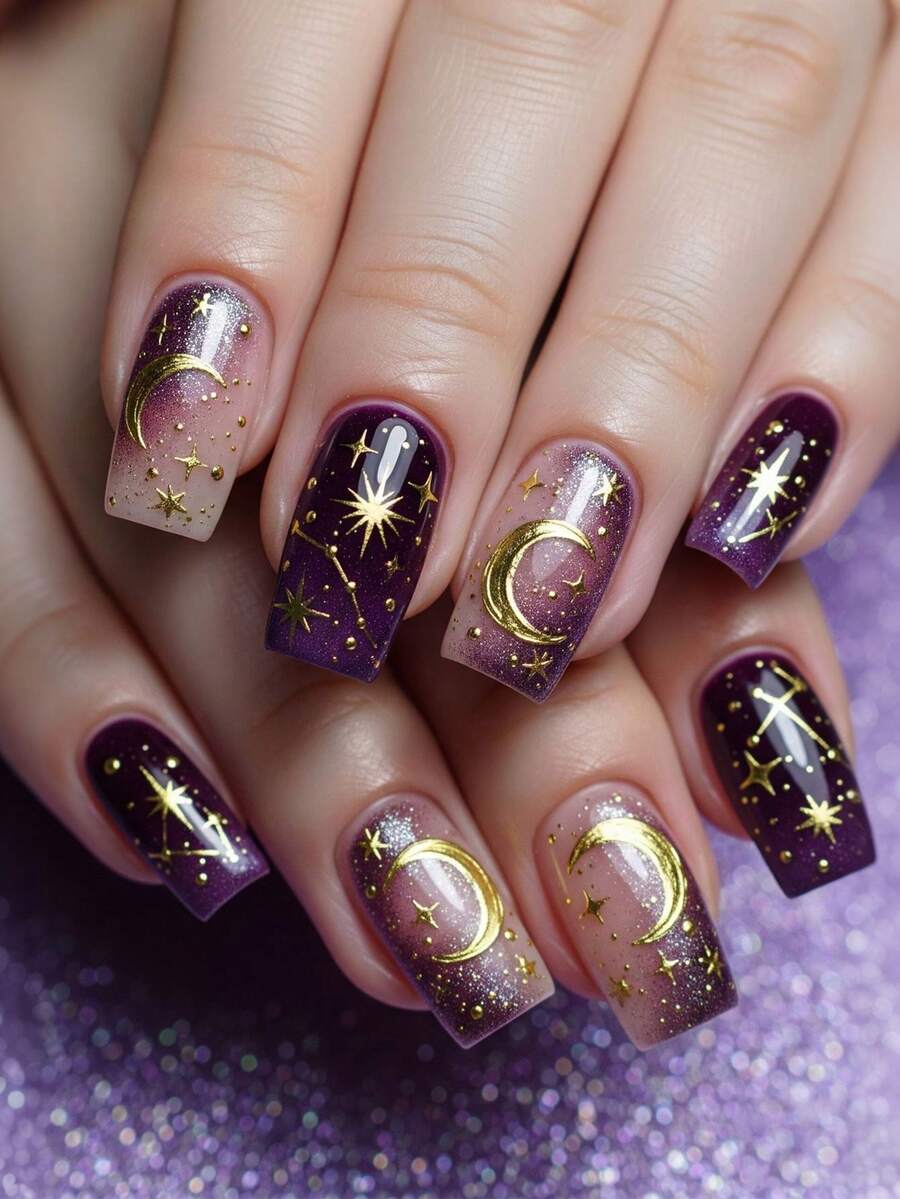 [Ramadan] 24pcs Medium Square Starlit Sky Black False Nails With Artistic Embossed Moon & Star Designs, Full Cover Stick-On Acrylic Nails For Women & Girls - Multicolor - View 1