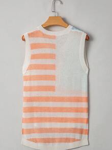 Áo tank top dệt kim cổ chữ V in họa tiết ngôi sao và sọc, kiểu dáng thường ngày, không tay, thích hợp mặc mùa hè. - Màu be - Xem 9