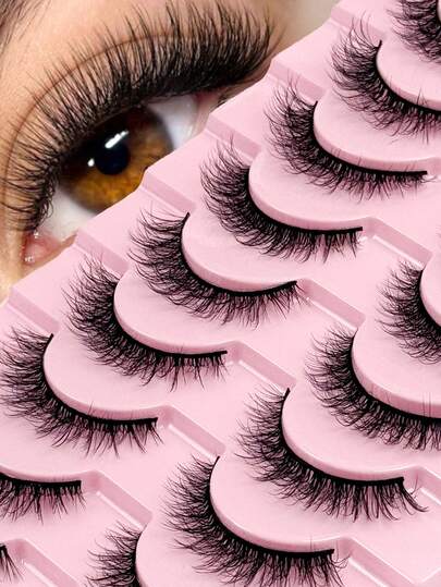 10 Pairs Cat Eye False Eyelashes Fluffy Soft Winged End Eye Elongated Eyelashes Natural Long Faux Mink False Lashes Strip Lashes, Lashes, Eyelashes, Fake Lashes