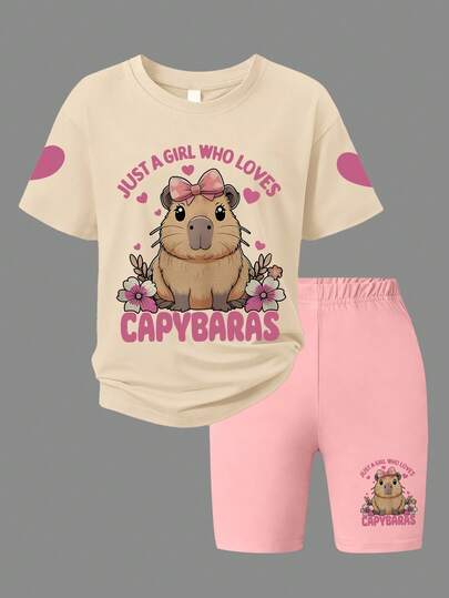 2pcs/Set Teenage Girls' Capybara Cartoon Cute Letter & Heart Print Round Neck Short Sleeve T-Shirt + Capybara Cartoon Print Tight Shorts, Spring/Summer Fashion Outfit, New Arrival
