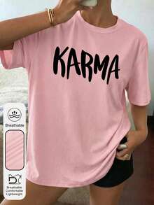 女士每日业力字母图案圆领短袖休闲夏季粉色上衣 - 粉色 - 查看 3