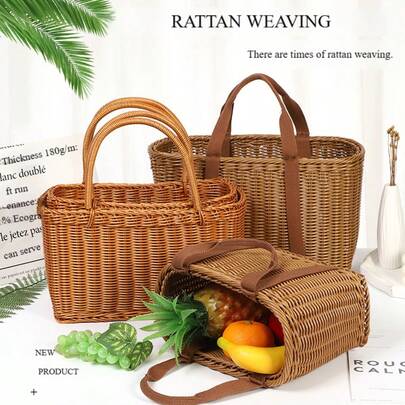 One Wicker Picnic Basket, Vintage Style, Grocery Basket, Fruit And Vegetable Storage Basket, Picnic Supplies Basket, Large Flower Basket, With Handles, Outdoor Decoration, Practical Straw Shopping Bag, Suitable For Picnics, Beaches, Meadows And Other Outdoor Photography, Woven Easter Basket, Large Capacity.
