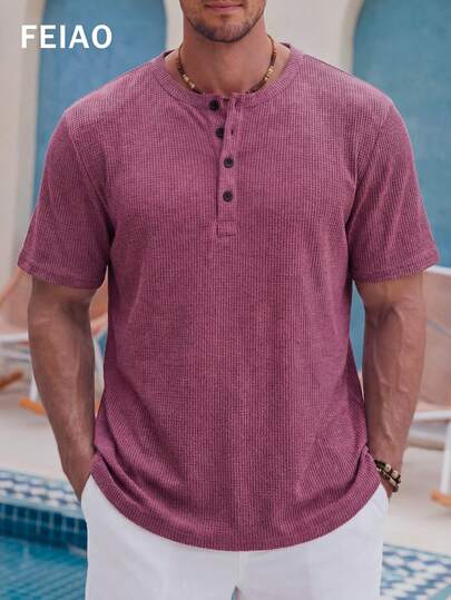 Vintage Coin-Inspired Solid Color Waffle Knit Short Sleeve Henley Pullover For Men, Fashionable Versatile Commute & Casual Wear