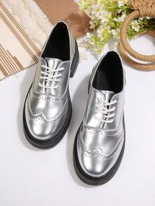 Women's Fashion Brogues, Versatile Platform Casual Shoes, Stylish Footwear - Silver - View 2