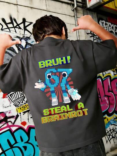 男童“SIX SEVEN-意大利脑残粉”彩色67号卡通印花T恤，适合日常穿着、街头风、校园风，时尚休闲百搭的男童夏季上衣