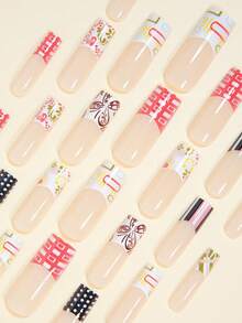 Upgrade Your Look With 24pcs Long Square Shape Press On False Classic White French Manicure Romantic Pink French Manicure Fake Nails Full Coverage Fake Nail Kit For Women And Girls Includes 1sheet Adhesive Tabs & 1pc Mini File Strip Jelly Gel Random Shipment - Multicolor - View 4