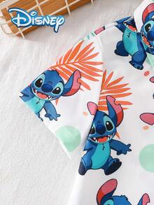 Disney Stitch Boys' Summer Short Sleeve Printed Shirt, Young Boy Fashion Casual Cardigan Collared Cute Stitch Outdoor Holiday Everyday Basic Top - White - View 4