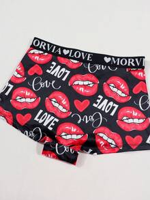 Dircho 1pc Women's Love-Themed Red Lip & Heart Print Low-Rise Boy Shorts, Soft Stretch Skin-Friendly Casual Underwear For Daily Wear - Multicolor - View 2