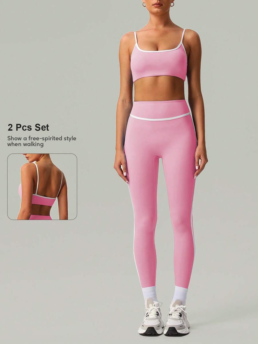 2 PCS CO Ord Set Spring And Summer Women Fashion White Line Yoga Sports Bra And Leggings