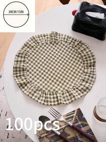 1/2/4/6件装橄榄绿格子荷叶边圆形餐垫，清新田园简约风格，适用于餐桌、水杯碗垫，防滑，适合节日聚会、生日派对、婚宴、办公桌、咖啡桌、家居装饰、四季皆宜的摄影背景。 - 墨綠色 - 查看 11