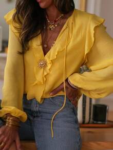 Áo kiểu nữ màu trơn, xếp ly/bèo nhún, tay dài, nhẹ nhàng, thích hợp mặc công sở mùa xuân và hè. - Màu Mù tạt vàng - Xem 5