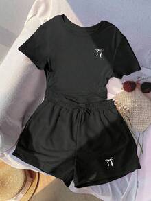 Youth Girl Cartoon Print Round Neck Short Sleeve T-Shirt And Shorts Set - Black - View 1