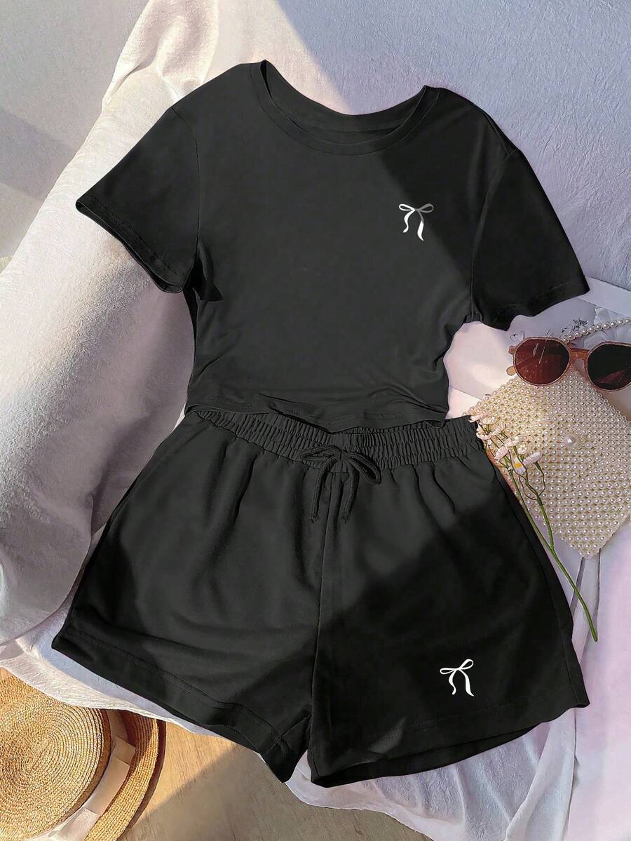 Youth Girl Cartoon Print Round Neck Short Sleeve T-Shirt And Shorts Set - Black - View 1