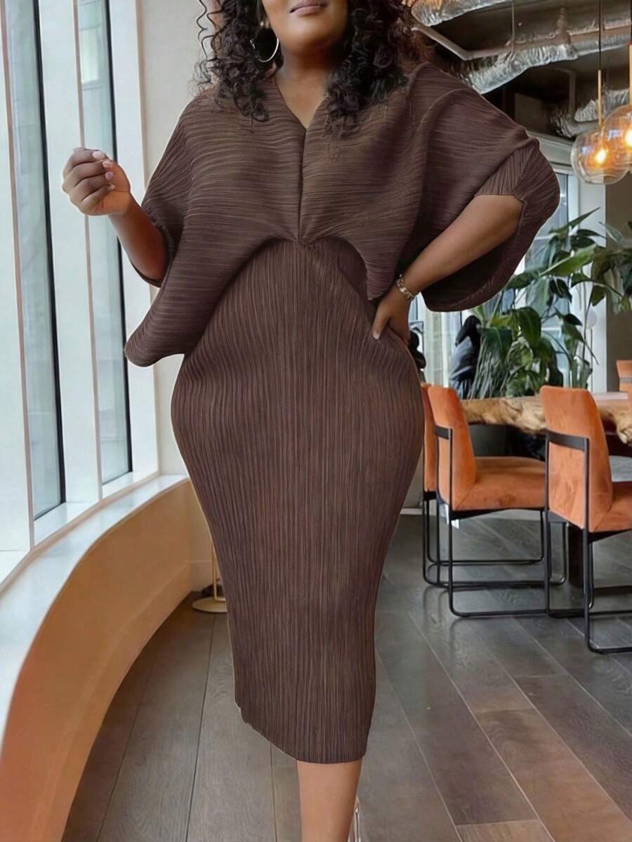Women's Pleated Batwing Sleeve Dress - V-Neck Solid Color, Comfortable Fabric, Suitable For Daily, Casual, Office & Formal Dinner Occasions, One Size (Up To XXL) - 卡其色 - 查看 1