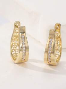 1 Pair Elegant Luxury Copper Hollow Pattern Cubic Zirconia Inlaid Women's Earrings, Suitable For Any Occasion, Perfect Holiday Gift For Her - Gold - View 5