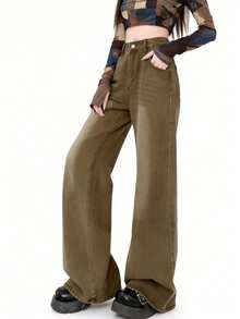 高腰复古美式修身直筒九分女式牛仔裤，休闲春季款 - 卡其色 - 查看 4