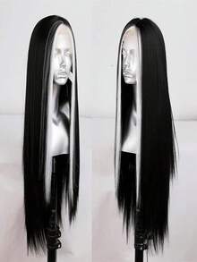 混色黑色假发，合成蕾丝前假发，女士挑染黑/白长卷发，自然波浪，适合角色扮演和日常佩戴 - 彩色 - 查看 3