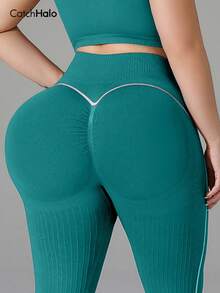 Plus Size Women's Yoga Pants, Seamless Design, High Waist, Contrast Color Piping, Butt Lifting, High Elasticity, Suitable For Fitness & Running - Teal Blue - View 6