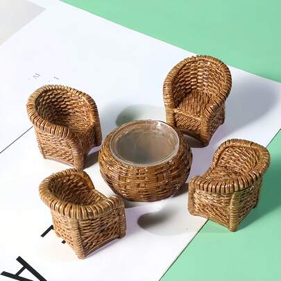 5pcs Miniature Bamboo Resin Furniture Set, For Home Decor, Glass Bottle Plants, DIY | Asian Inspired Craft Collection And Desktop Decoration, Small Room Furniture