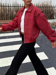 Red Washed Cropped Jacket: Contrast-Stitch Bomber Outerwear For Edgy Autumn Urban Street Style - Red - View 4