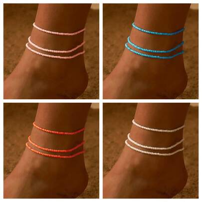 3pcs Minimalist Elegant Delicate Fashion Sexy Elegant Versatile Pearl Beaded Multi-Layer Anklet, Suitable For Daily Casual, Party, Music Festival, Beach Holiday Wear