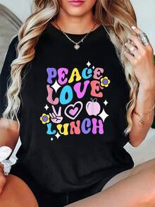 100% Cotton Peace Love Lunch, Retro Lunch Ladies Lunch Lady T-Shirt Women's Men's Vacation T-Shirt Dress Breathable Summer Tee Fashion Shirts - Black - View 1