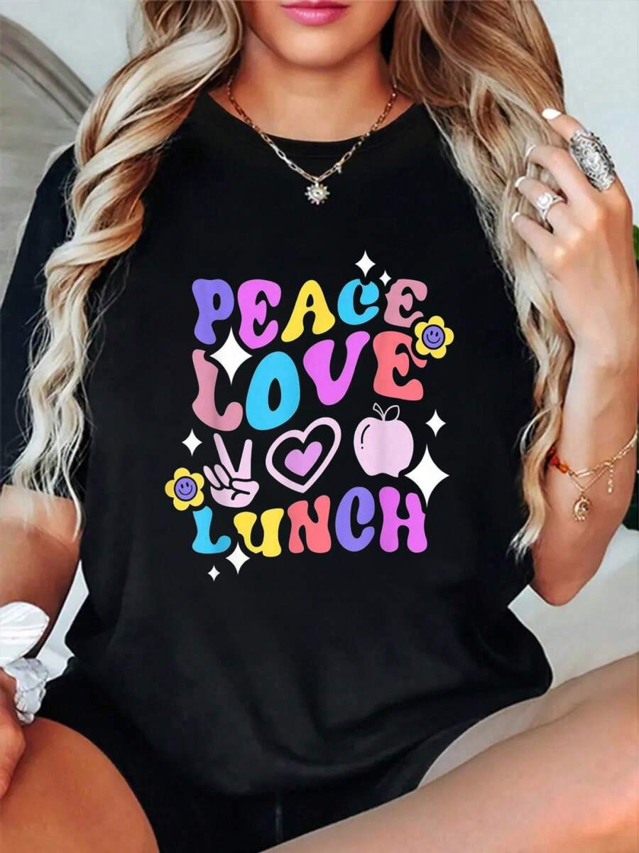 100% Cotton Peace Love Lunch, Retro Lunch Ladies Lunch Lady T-Shirt Women's Men's Vacation T-Shirt Dress Breathable Summer Tee Fashion Shirts - Black - View 1
