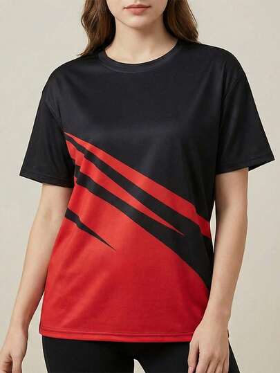 抽象印花T恤女款，红色斜线图案T恤，前卫街头风上衣，团队运动衫，大胆设计运动服