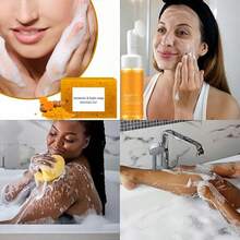 4pcs Turmeric Facial Cleansing Set, Including 3 Pieces Of Handmade Turmeric Kojic Acid Soap, And 1 Bottle Of Turmeric And Damascus Rose Facial Cleansing Mousse. It Provides Deep Cleansing And Moisturizing, Contains A Large Amount Of Curcumin, Vitamin E, And Rose Essence, And Is Suitable For The Face And Body With A Natural And Mild Formula. - 黃色 - 查看 3