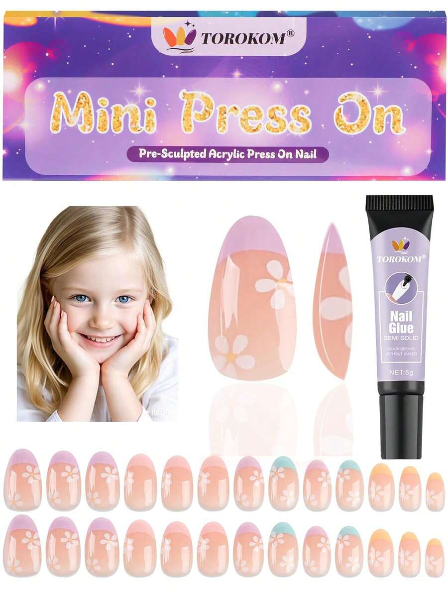 26 piezas Uñas postizas para niños, 1 paquete de uñas falsas de niña con flores rosas, adecuadas para niñas pequeñas - Multicolor - Ver 1