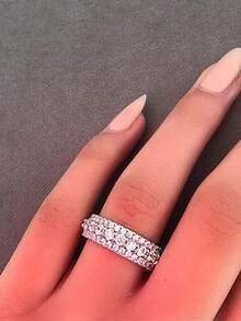 1 pieza Anillo cuadrado de moda con circonita cúbica, adecuado para boda, regalo de aniversario - Plateado - Ver 2