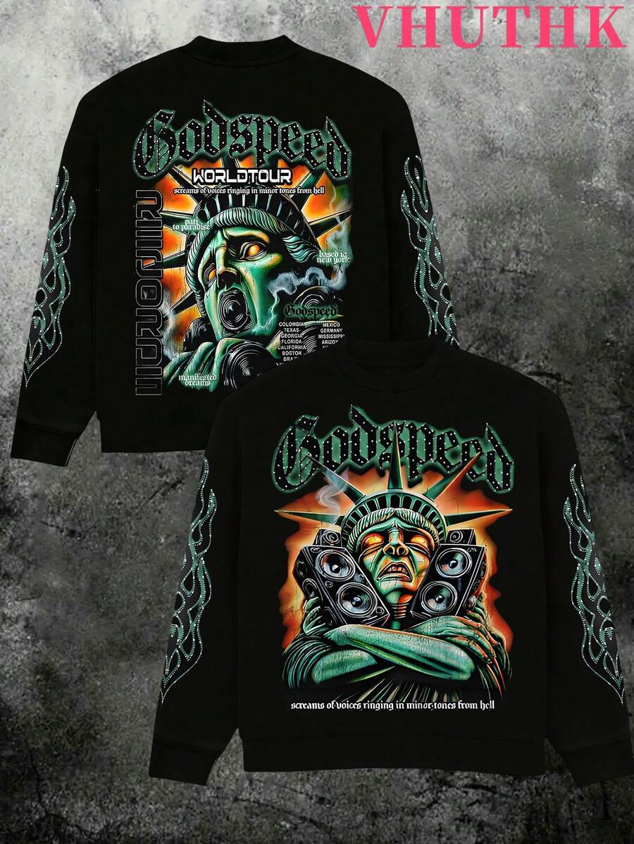 VHUTHK (250g Pure Polyester Round Neck Pullover Sweater) <GODSPEED World Tour> Double Sided Digital Printing, Filament Effect Y2K Men's Round Neck Sweater In Autumn And Winter. - màu đen - Xem 1