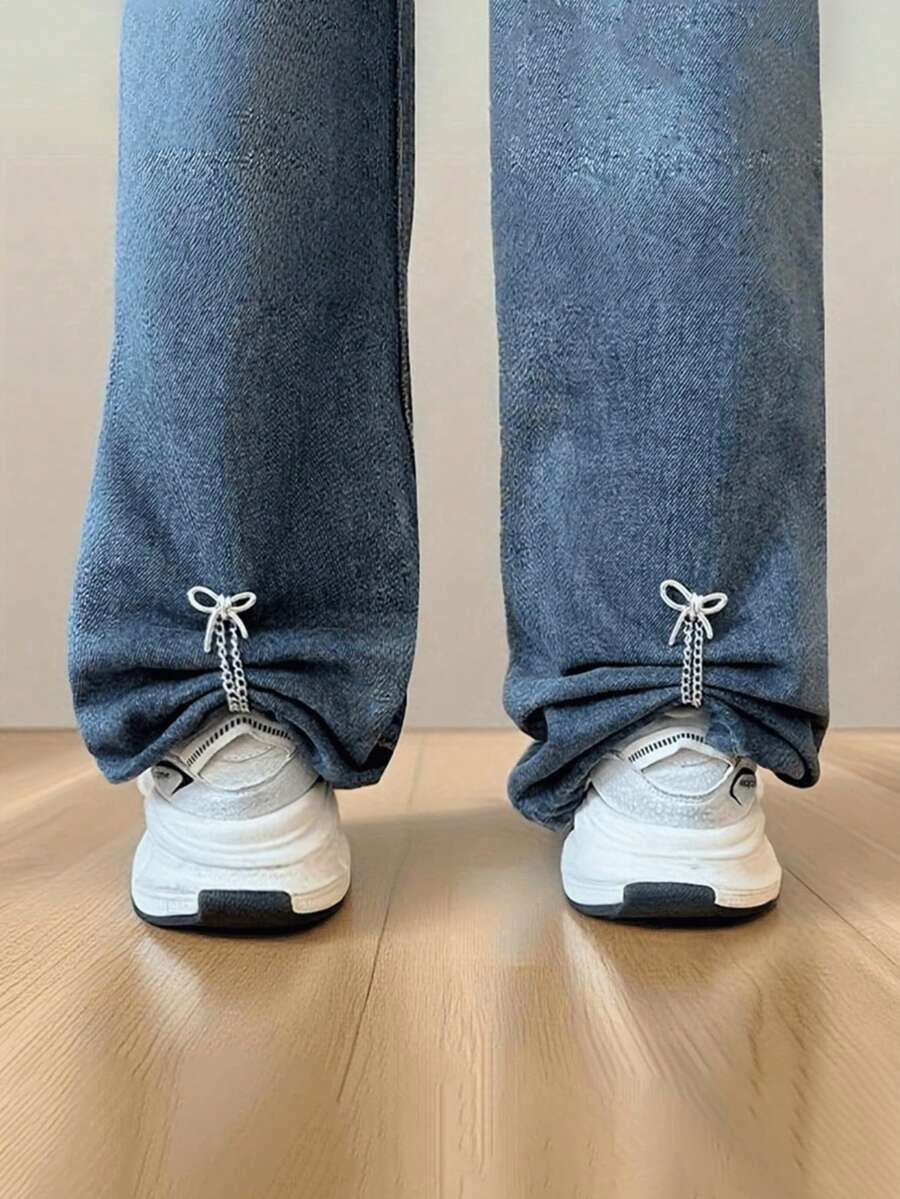 2pcs Heart/Bow Faux Pearl Denim Pant Leg Clips, Used To Prevent Pant Leg Dragging, Non-Slip Shoe Buckle, Pant Length Adjuster, Prevent Pant Leg Dragging On Ground, Suitable For Jeans And Pants - A - View 1