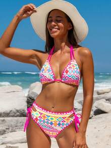 popvil Bộ bikini hai mảnh gợi cảm in họa tiết dân gian dành cho nữ, kiểu áo ngực tam giác buộc dây bên hông, thích hợp cho kỳ nghỉ. - Nhiều màu - Xem 7