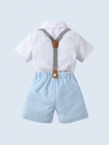 BOARNSEORL 2pcs Young Boys Gentleman Outfit - White Shirt With Bow Tie And Blue Suspender Pants, Suitable For Birthday Party, Formal Event, Wedding, Baby Shower - Blue and White - View 5