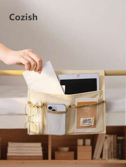 1pc Bedside Hanging Storage Bag, Buckle Fixed Installation, With Transparent Mesh, Dorm Bedside Organizer Bag, Headboard Hanging Basket, Upper Bunk Railing Storage Organizer, Multi-Functional Storage Bag For Books, Glasses, Pens, Snacks, Tablets And Phones, Space-Saving