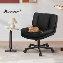 ALFORDSON Office Chair With Wide Seat And Crossed Legs, Adjustable Office Chair Without Armrests With Casters, Swivel PC Computer Chair With Crossed Legs For Home, Linen Fabric, Black - Black - View 11