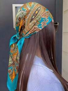 1pc Women's New Paisley Print Bandana Scarf, Fashion Versatile Square Scarf For Headwrap, Hijab, Neckerchief, Wristband, Hair Tie, Headband, Silk-Like Decorative Scarf, Suitable For Daily Wear, All Seasons - 藍湖 - 查看 12